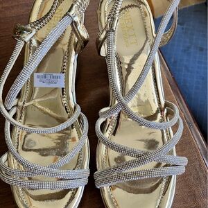 Strappy gold wedges. Nexit by Saffans. 3 1/2 inch wedge heel.